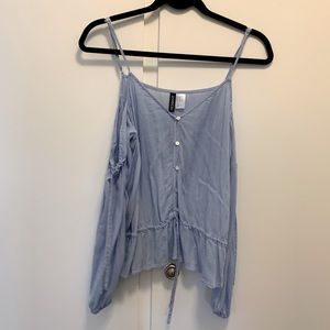 DIVIDED Open Shoulder Cinch Waist Blue and White Top- size 10